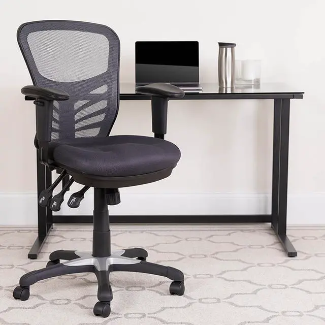 Alt view image 5 of 20 - Mid-Back Dark Gray Mesh Swivel Task Chair with Triple Paddle Control