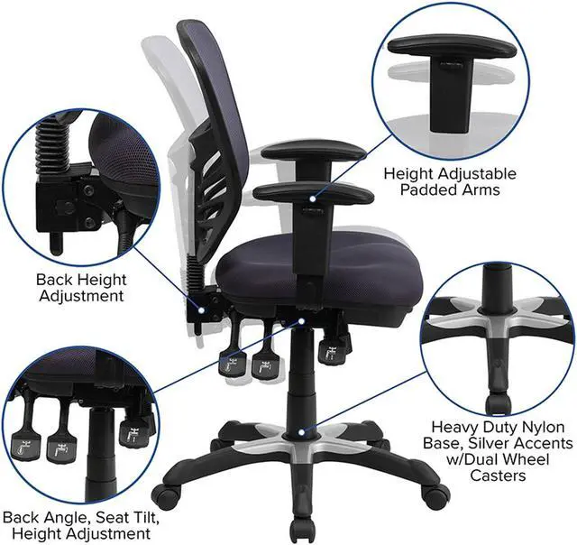 Alt view image 9 of 20 - Mid-Back Dark Gray Mesh Swivel Task Chair with Triple Paddle Control