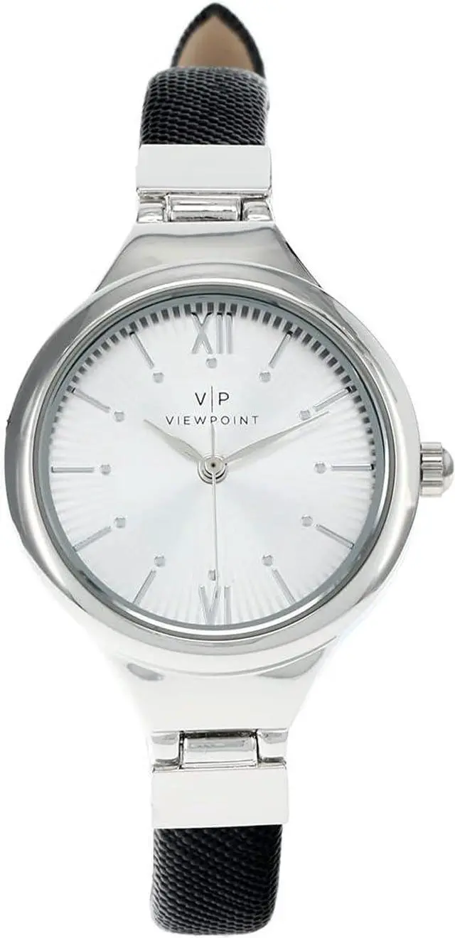 Main image of Timex Viewpoint Silver-Tone Black Leather Ladies Watch
