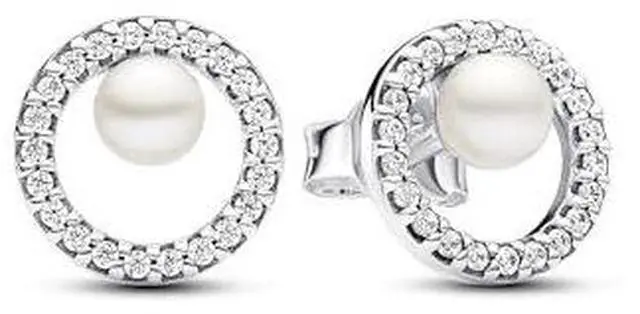 Main image of Pandora Treated Freshwater Cultured Pearl & Pave Halo Stud Earrings