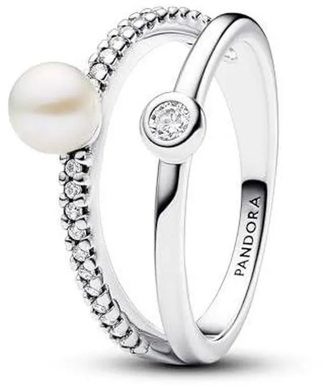 Main image of Pandora Treated Freshwater Cultured Pearl & Pave Double Band Ring
