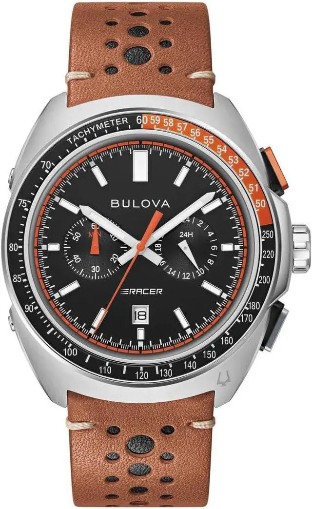 Alt view image 8 of 10 - Bulova Racer Chronograph Leather Strap Black Dial Quartz 98B427 100M Men's Watch