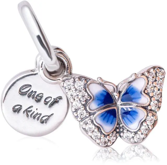 Main image of Pandora Moments Blue Butterfly Quote Double Dangle Charm