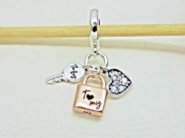Alt view image 2 of 2 - Pandora Two-tone Key Padlock & Heart Triple Dangle Charm