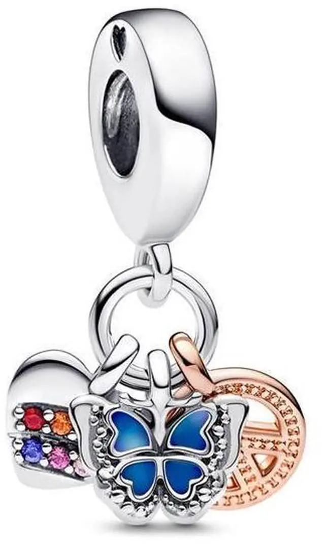 Main image of Pandora Two-Tone Rainbow Heart Butterfly & Peace Triple Dangle Charm