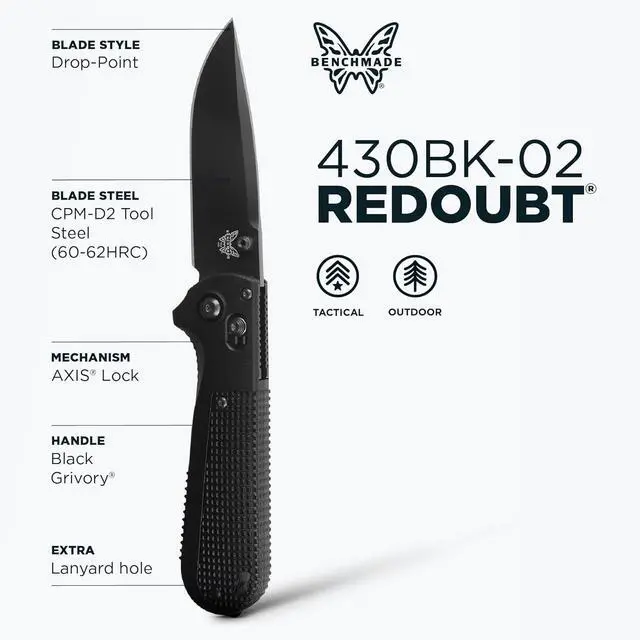 Alt view image 3 of 3 - Benchmade Redoubt - Black Grivory - Drop-Point Folding Knife - Black CPM-D2 Blade & AXIS Lock