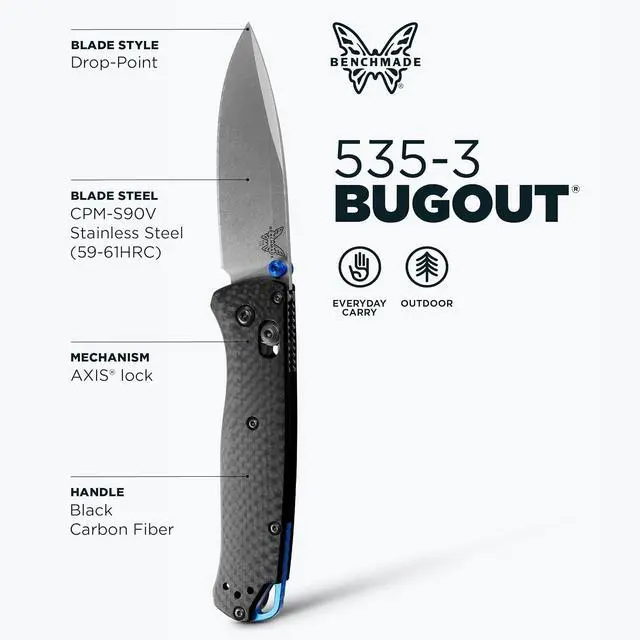 Alt view image 2 of 3 - Benchmade Bugout - Carbon Fiber Ultralight Folding Knife - Satin CPM-S90V Super Steel