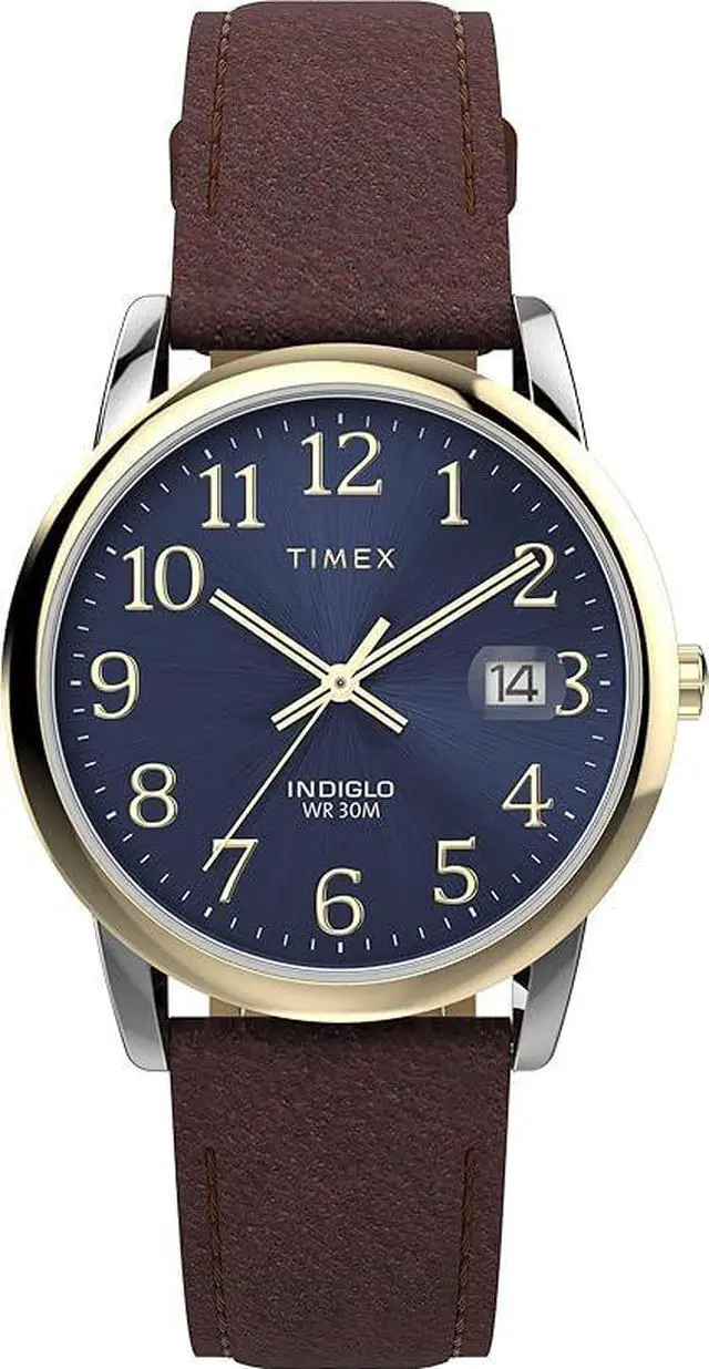 Main image of Timex Mens Easy Reader 35mm Watch - Brown Strap Blue Dial Silver-Tone Case