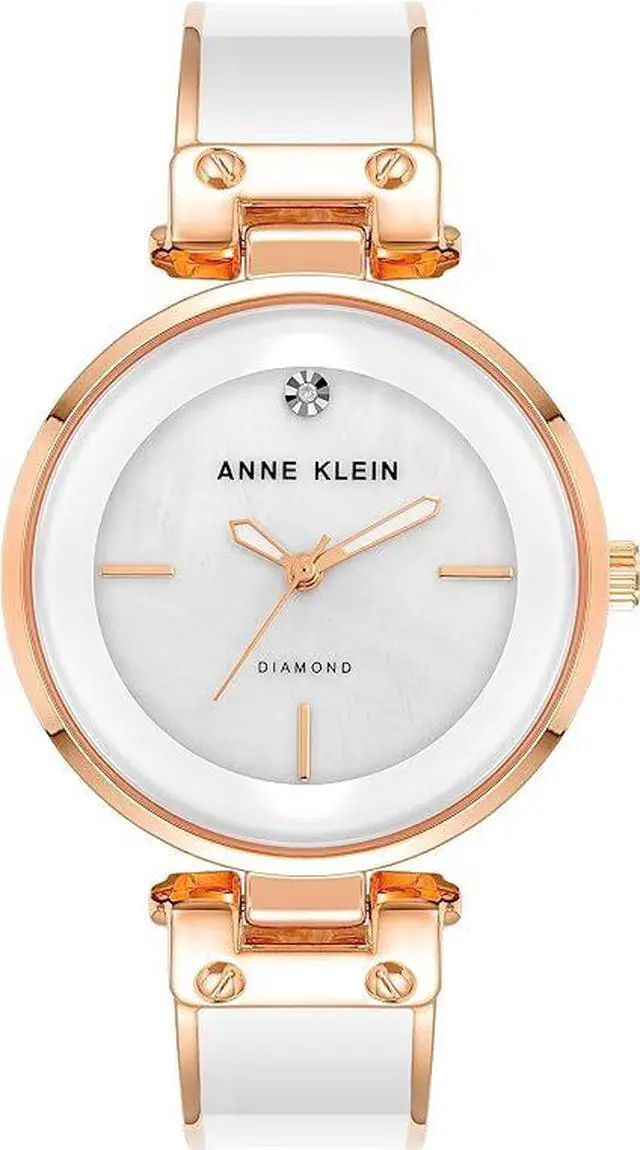 Main image of Anne Klein Rose Gold-Tone White Mother-of-Pearl Bangle Diamond Accent Ladies Watch