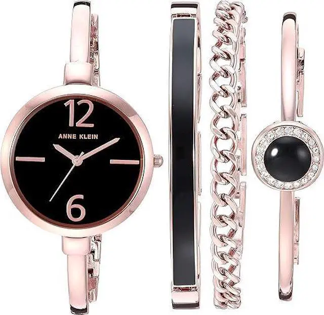 Main image of Anne Klein Rose Gold-Tone Black Dial Bangle Set Ladies Watch