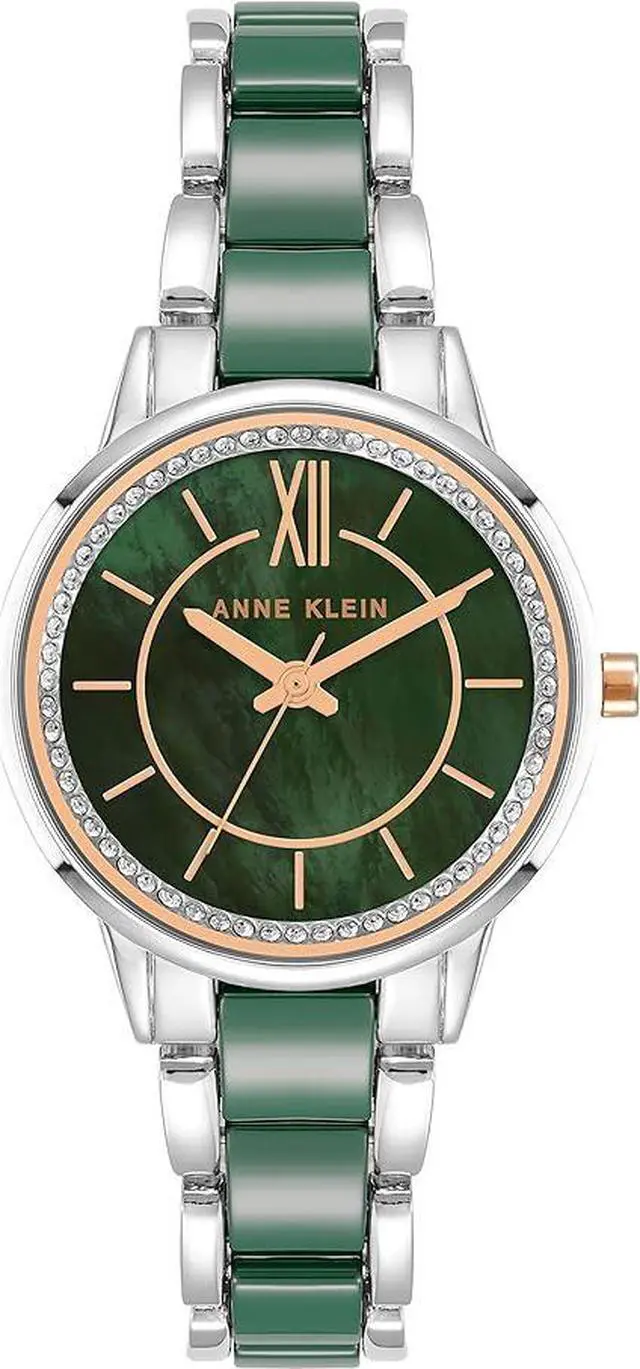 Main image of Anne Klein Silver-Tone Green Mother-of-Pearl Crystal Bezel Ladies Watch