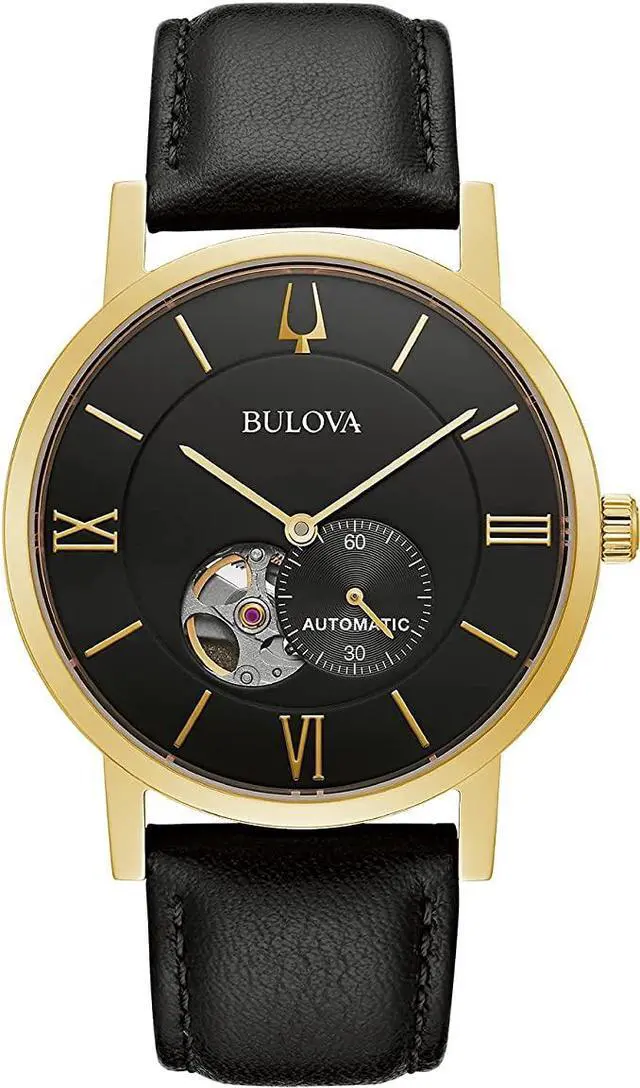 Alt view image 5 of 6 - Bulova Mens American clipper Automatic Leather Strap Watch, Open Aperture,Black Strapgold Tone