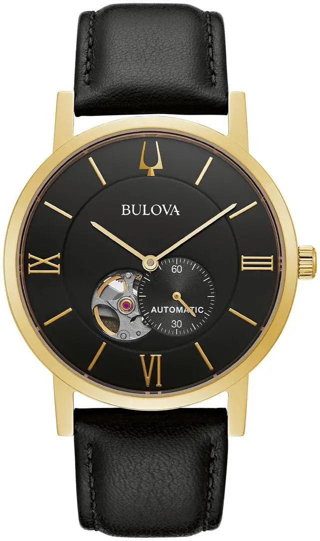 Alt view image 6 of 6 - Bulova Mens American clipper Automatic Leather Strap Watch, Open Aperture,Black Strapgold Tone