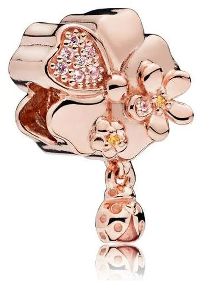 Main image of PANDORA Flower and ladybug charm in PANDORA Rose with 8 bead-set rose pink crystals