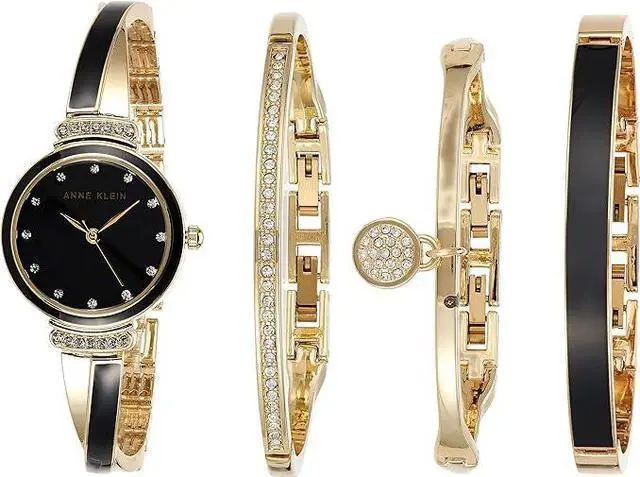 Main image of Anne Klein Gold-Tone Black Dial X-Shaped Bangle Set Ladies Watch