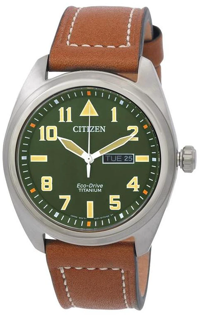 Alt view image 4 of 4 - Citizen Men's Eco-Drive Weekender Garrison Field Watch in Super Titanium with Brown Leather Strap, Green Dial (Model: BM8560-02X)