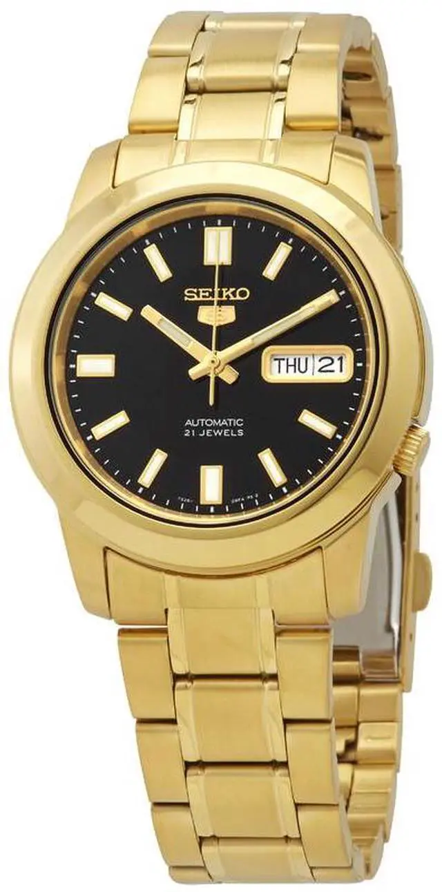 Alt view image 4 of 5 - Seiko 5 Gold Tone Stainless Steel Black Dial 21 Jewels Automatic SNKK22K1 Men's Watch