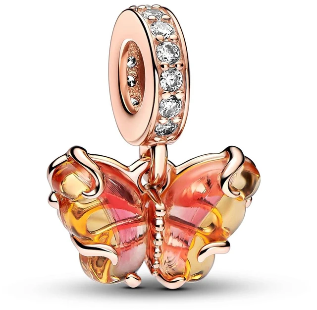 Alt view image 2 of 2 - Pandora Pink and Yellow Murano Glass Butterfly Dangle 14K Rose Gold-Plated