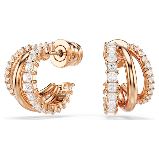 Alt view image 3 of 3 - Swarovski Hyperbola Hoop Earrings - Mixed Cuts - Mini - White - Rose Gold-tone Plated