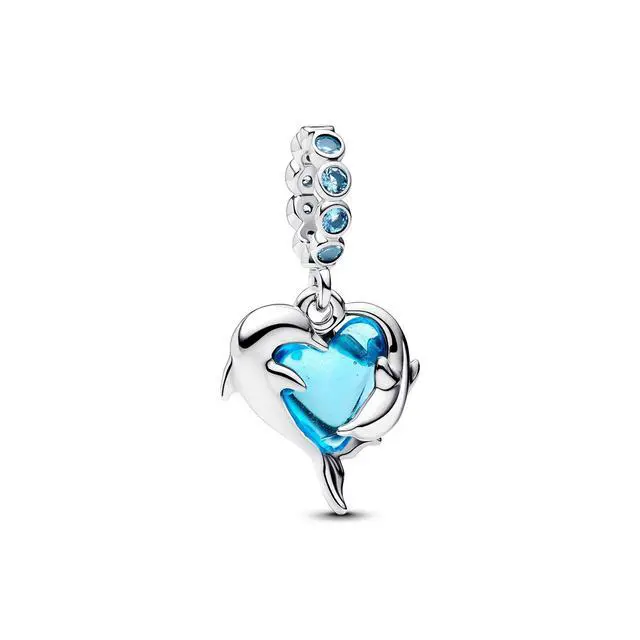 Alt view image 2 of 2 - Pandora Blue Murano Glass Dolphins Dangle Charm