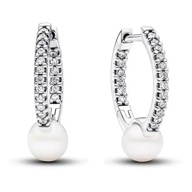 Alt view image 4 of 4 - Pandora Treated Freshwater Cultured Pearl & Pave Hoop Earrings
