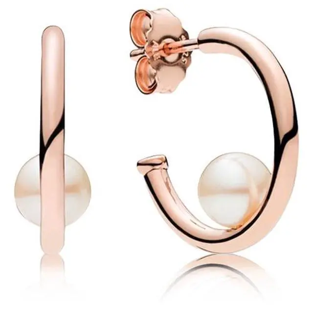 Alt view image 2 of 2 - PANDORA Hoop earrings in PANDORA Rose with 2 peg-set white freshwater cultured pearls
