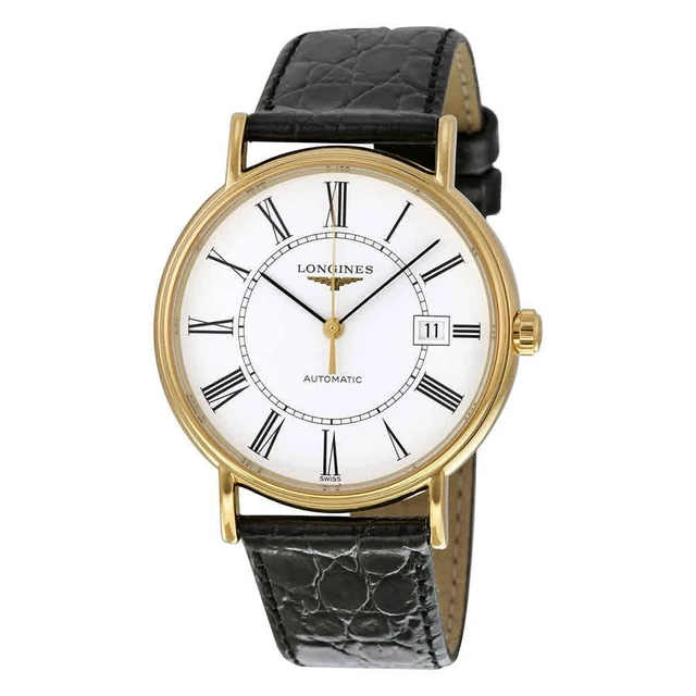 Alt view image 6 of 6 - Longines Presence Automatic Yellow Gold PVD White Dial Black Leather Strap Date Mens Watch L4.921.2.11.2