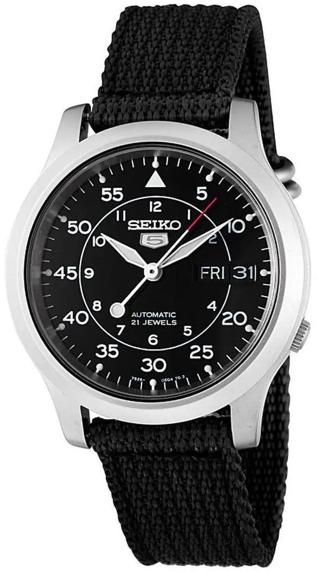 Alt view image 9 of 16 - Seiko 5 Black Dial Black Canvas Strap Automatic Mens Watch SNK809K2