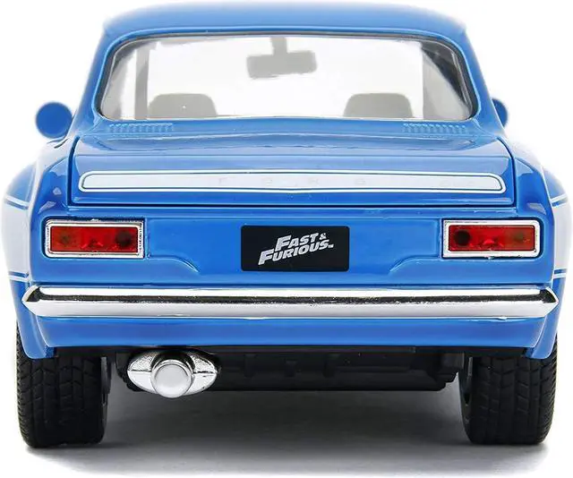 Alt view image 8 of 13 - 1970 brian's ford escort blue with white stripes fast & furious movie 1/24 diecast model car by jada 99572