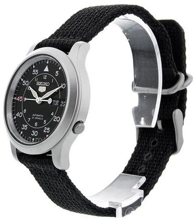 Alt view image 4 of 16 - Seiko 5 Black Dial Black Canvas Strap Automatic Mens Watch SNK809K2