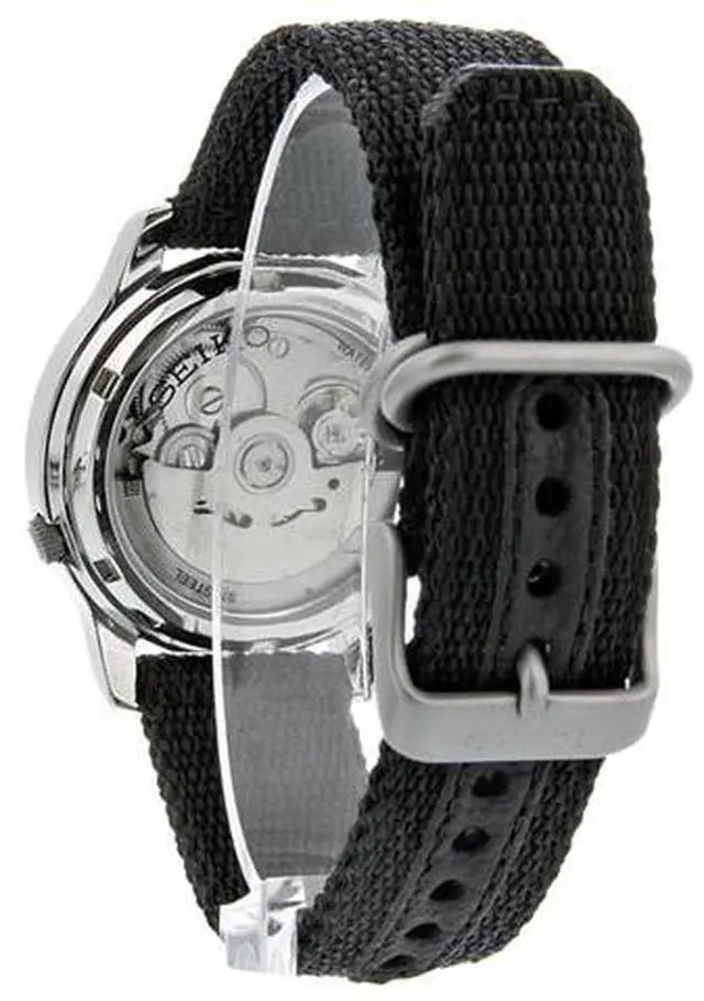 Alt view image 2 of 16 - Seiko 5 Black Dial Black Canvas Strap Automatic Mens Watch SNK809K2