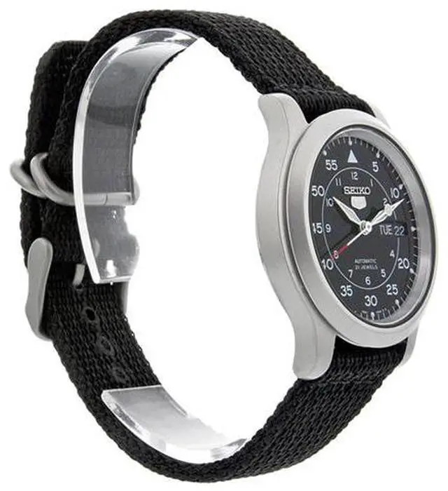 Alt view image 3 of 16 - Seiko 5 Black Dial Black Canvas Strap Automatic Mens Watch SNK809K2