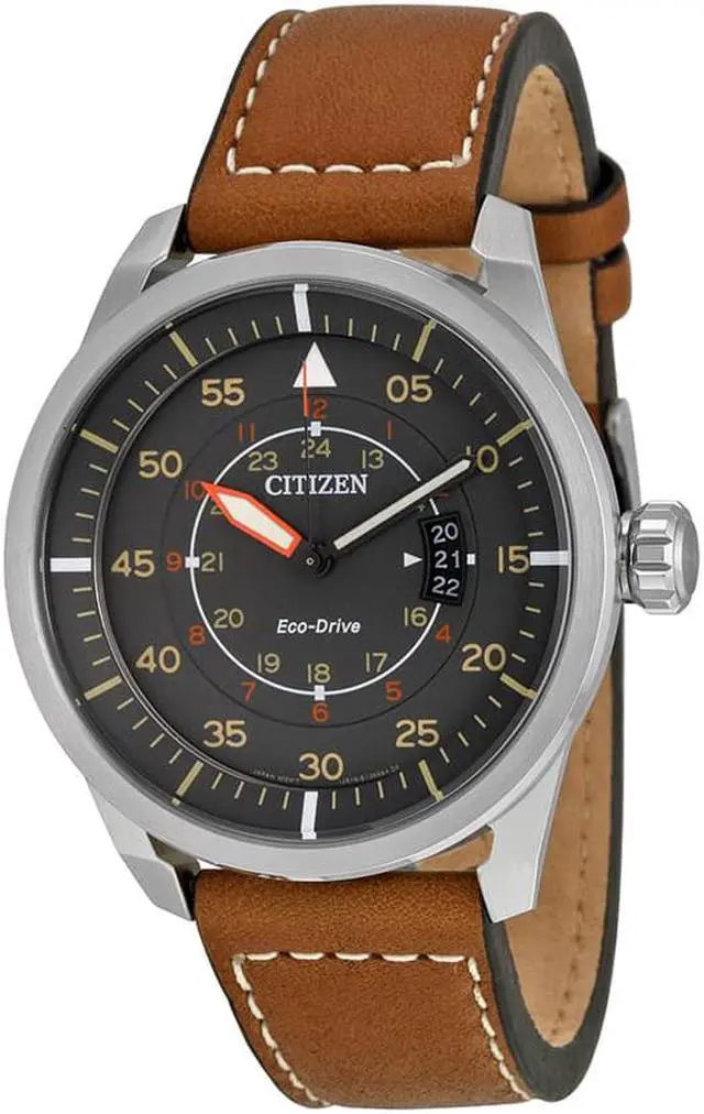 Alt view image 7 of 19 - Citizen AW1361-10H Men's Avion Eco-Drive Charcoal Dial Brown Leather Strap Watch