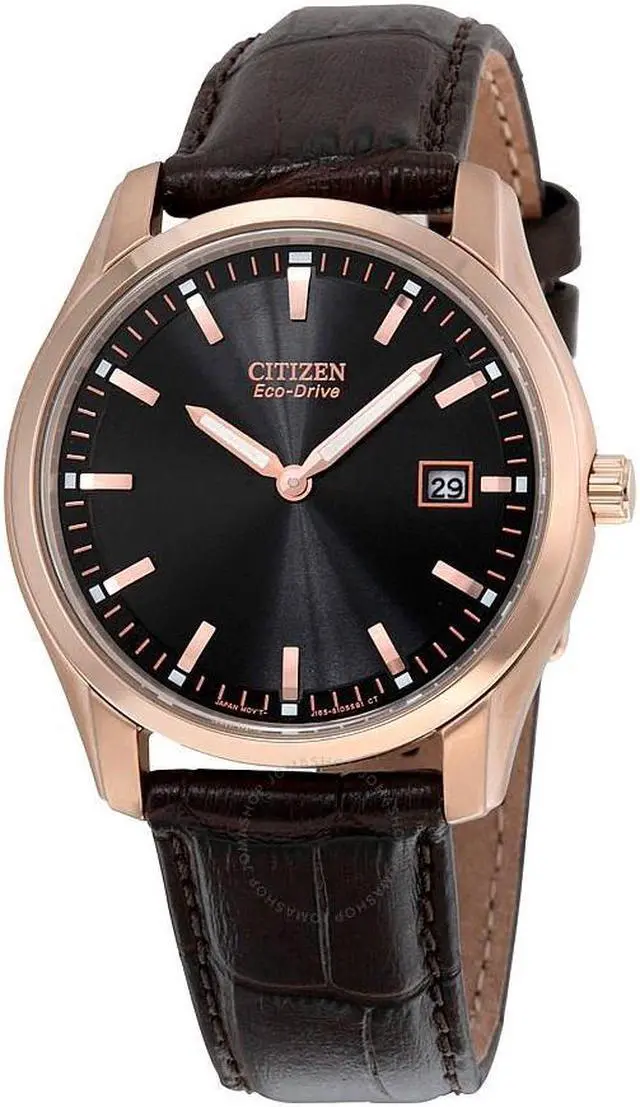 Alt view image 12 of 18 - Citizen Eco-Drive Mens Black Date Rose Gold Leather Watch AU1043-00E