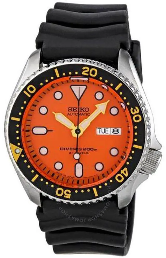 Alt view image 2 of 9 - Seiko SKX011J1 Stainless Steel Automatic Diver Orange Dial Black Rubber Strap