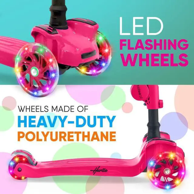 Alt view image 7 of 9 - Hurtle ScootKid 3 Wheel Toddler Child Ride On Toy Scooter w/ LED Wheels, Pink