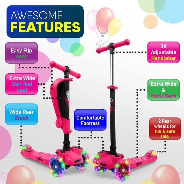 Alt view image 5 of 9 - Hurtle ScootKid 3 Wheel Toddler Child Ride On Toy Scooter w/ LED Wheels, Pink