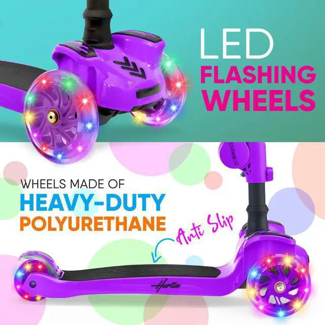 Alt view image 4 of 8 - Hurtle ScootKid 3 Wheel Toddler Child Ride On Toy Scooter w/LED Wheels, Purple