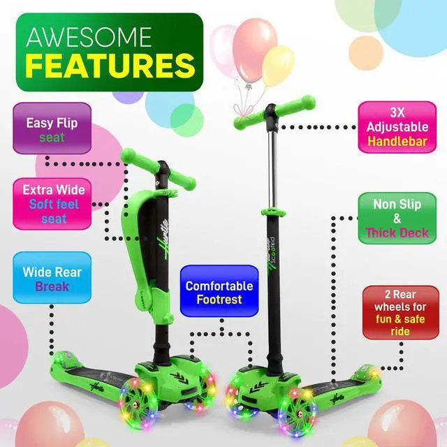 Alt view image 2 of 9 - Hurtle ScootKid 3 Wheel Toddler Child Ride On Toy Scooter w/ LED Wheels, Green