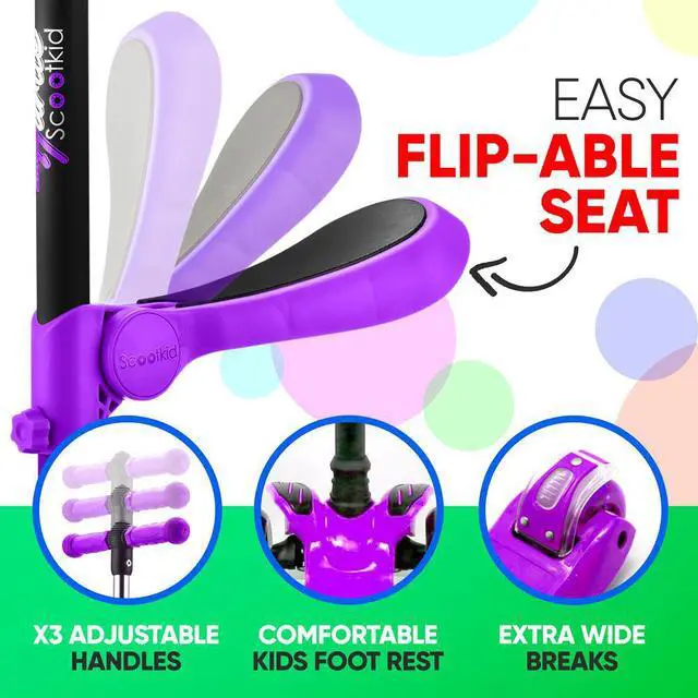 Alt view image 5 of 8 - Hurtle ScootKid 3 Wheel Toddler Child Ride On Toy Scooter w/LED Wheels, Purple