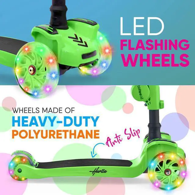 Alt view image 4 of 9 - Hurtle ScootKid 3 Wheel Toddler Child Ride On Toy Scooter w/ LED Wheels, Green