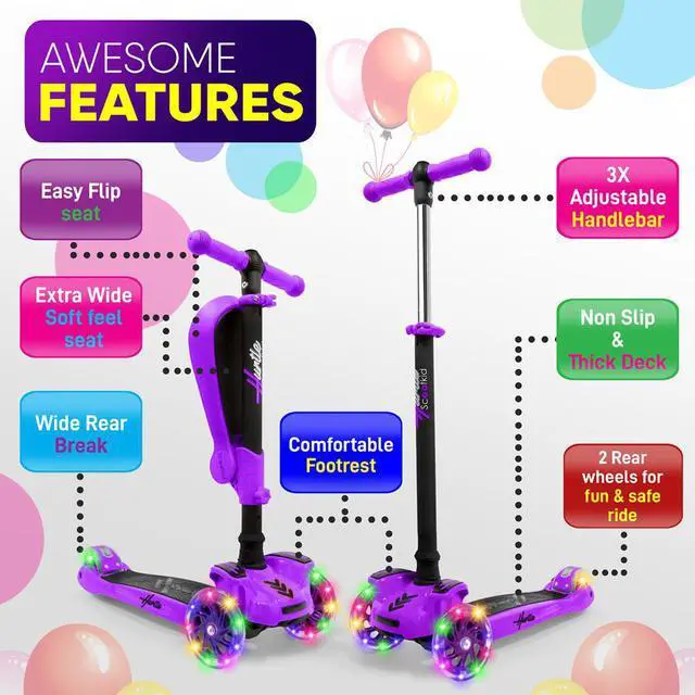 Alt view image 2 of 8 - Hurtle ScootKid 3 Wheel Toddler Child Ride On Toy Scooter w/LED Wheels, Purple