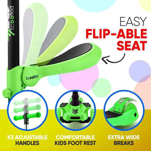Alt view image 5 of 9 - Hurtle ScootKid 3 Wheel Toddler Child Ride On Toy Scooter w/ LED Wheels, Green