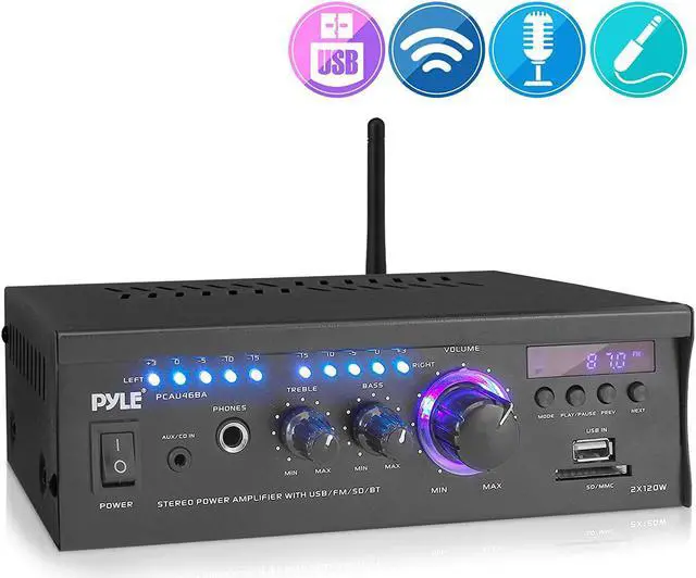 Alt view image 9 of 14 - Wireless Bluetooth Home Stereo Amplifier - 2x120 Watt Power Amplifier Home Audio Bluetooth Receiver System W/Blue Led Display, USB/SD, AUX, RCA, Headphone Jack - Remote - Pyle PCAU46BA