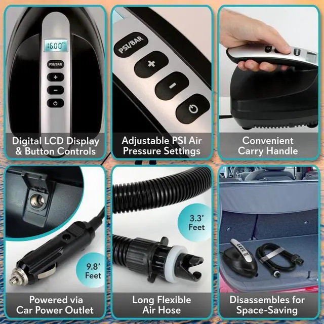 Alt view image 4 of 9 - digital electric air pump compressor  110w 12 volt quick air inflator w/lcd, 016 adjustable psi  for water sport inflatable sup stand up paddle board  serenelife slpump20