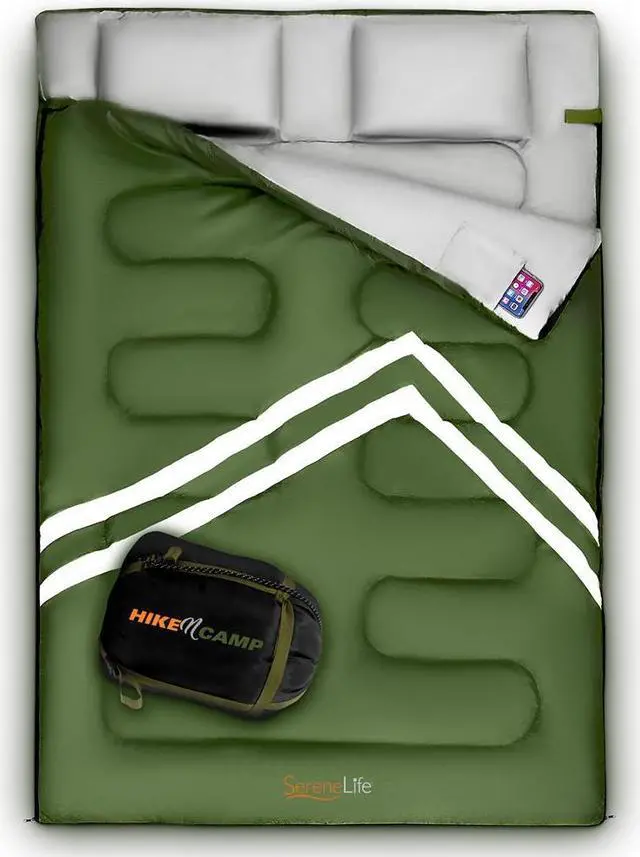 Main image of SereneLife 85 x 57.1 Inch Waterproof Double Sleeping Bag with 2 Pillows, Green