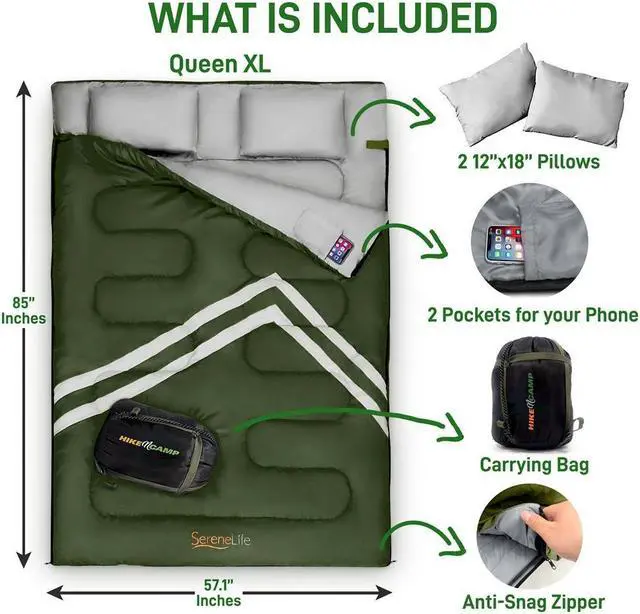 Alt view image 4 of 8 - SereneLife 85 x 57.1 Inch Waterproof Double Sleeping Bag with 2 Pillows, Green