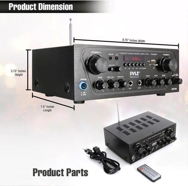 Alt view image 17 of 20 - Pyle PTA24BT 250W 2-Channel Compact Bluetooth Home Audio Amplifier with Stereo Receiver