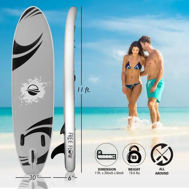 Alt view image 2 of 7 - SereneLife 11 Foot Free Flow Inflatable SUP Stand Up Paddle Board Kit, White