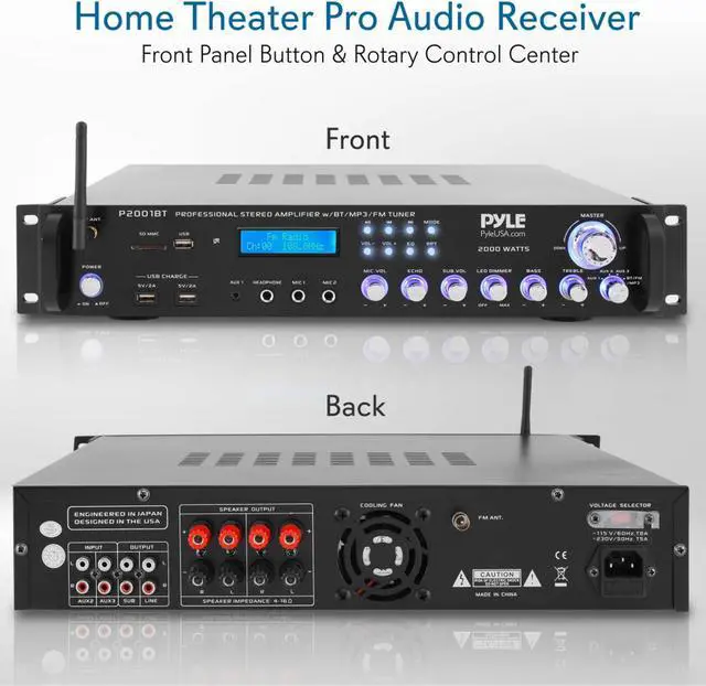 Alt view image 8 of 10 - multi channel bluetooth preamplifier receiver  2000 watt audio home speaker sound stereo receiver w/radio, usb, headphone, aux, rca, dual microphone w/echo, led, wireless streaming  pyle p2001bt